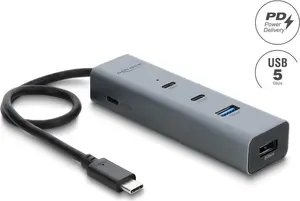 Delock 4 Port USB 5 Gbps Hub mit USB Type-C Stecker zu 2 x USB Typ-A Buchse + 2 x USB Type-C Buchse und PD 100 W (64378)