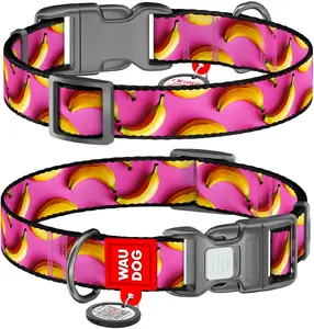 Collar WAU DOG Nylon Dog Collar with QR Passport L 25mm 33-49cm Bananas