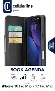 Cellularline Book Agenda grāmatas tipa vāciņš Apple iPhone 17 Pro Max un iPhone 18 Pro Max melns ar galda statīvu un četrām karšu kabatām