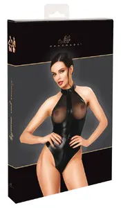 Noir Body Transp. Chest XL Melns mitrā izskata bodijs ar halterneck kakla līniju, caurspīdīgām krūštura daļām un rāvējslēdzi