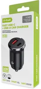 D-Fruit DF184 Auto lādētājs 30W USB-C un USB-A GaN Power Delivery Quick Charge 3.0