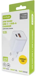 D-Fruit DF186 20W Nano Ātrais sienas lādētājs ar GaN tehnoloģiju, USB-C un USB-A pieslēgvietām, Power Delivery un Quick Charge 3.0 atbalstu