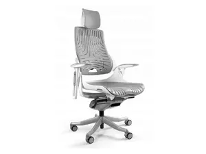 UNIQUE Wau TPE-8 Office Armchair with Grey Elastomer Seat and Backrest, White Aluminium Base, 130 kg Capacity, Adjustable Height, 2D Armrests, Headrest, and Lumbar Support
