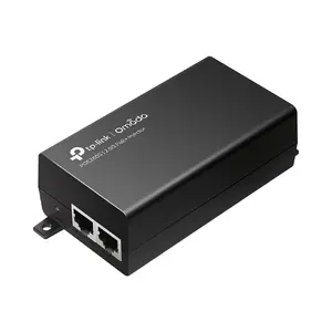 TP-Link Omada 2.5G PoE+ Injector Adapter with 2.5 Gigabit Ethernet support, 30W output power, and a maximum operating distance of 100 meters in black