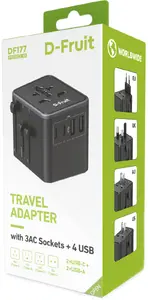 Universāls ceļojumu adapteris D-Fruit DF177 ar 3 maiņstrāvas kontaktligzdām, 2 USB portiem un 2 USB-C portiem EU, UK, AU un US standartiem