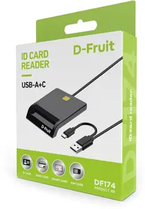 D-Fruit DF174 viedkaršu un ID karšu lasītājs ar USB-A un USB-C saskarnēm, atbalsta SIM kartes, melns