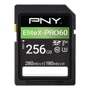 Карта памяти PNY EliteX-PRO60 256 ГБ SDXC UHS-II Class 10 V60 со скоростью чтения 280 МБ/с и записи 180 МБ/с