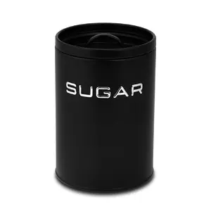 Sugar storage container Nava Noir, metal, matte black, airtight lid with handle, embossed silver lettering, diameter 11 cm, height 16 cm