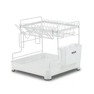 NAVA Two-Tier Metal Dish Drying Rack with White Anti-Rust Coating, Removable Cutlery Holder and Drip Tray