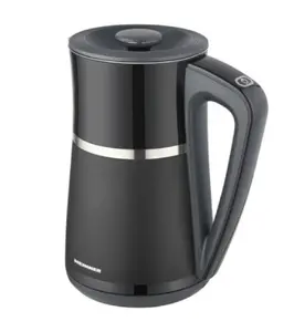 Heinner HEK-D22002WBK electric kettle with 1.7 L capacity, 2200 W power, stainless steel housing, adjustable thermostat, water level indicator, cordless design, and keep warm function in black