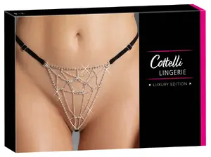 Cottelli Collection String Rhinestone Net melni stringi ar regulējamu jostasvietu un rhinestones pērļu trīsstūri S-L