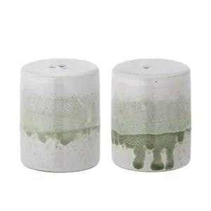 Bloomingville Paula Salt and Pepper Shaker Set Green Stoneware Round