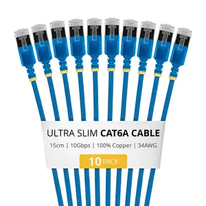 StarTech.com 15cm Blue Ultra Slim Cat6A Ethernet Cable 10-Pack Snagless FTP Pure Bare Copper Wire 34AWG RJ45 Network Patch Cord