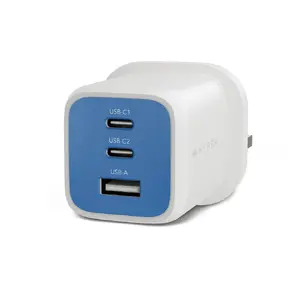 HYPER HyperJuice Flex 65W GaN Indoor Charger with 3 USB 2.0 and 2 USB Type-C Ports for Laptops, Smartphones, Headsets, and Portable Gaming Consoles in Blue and White