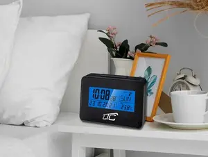Lamex LXSTP05C LTC Radio Controlled Alarm Clock with LED Display, Backlight, Thermometer, Date, Timer, and Battery Power in Black