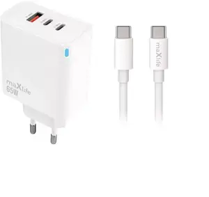 Сетевое зарядное устройство Maxlife PowerNeed MXTC-09-65ACC 65Вт с 2x USB-C и 1x USB портами, Power Delivery, Quick Charge и кабелем 2м 100Вт, белое