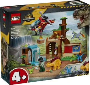 LEGO Jurassic World 77981 Velociraptor, Stegosaurus and Pteranodon Rescue building set with 4 dinosaur figures, 2 minifigures, helicopter and 171 pieces