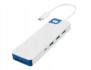 HyperDrive HD4102BUGL USB-C interfeisa centrmezgls ar HDMI, USB-A, USB-C, 3.5mm audio, SD un MicroSD karšu lasītājiem, 5000 Mbit/s datu pārraides ātrumu un 4K izšķirtspēju zilā un baltā krāsā