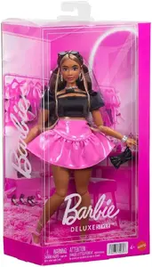 MATTEL Barbie Deluxe Style Fashion Doll JJN74 with Glossy Pink Skirt, Black Top, Brown Hair, and Multicolour Design for Children Aged 4 Years and Older