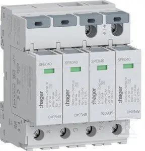 Hager SPE440S Устройство защиты от импульсных перенапряжений Тип 2 4-полюсное 4+0 для систем TN-S 20кА