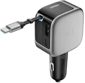 Cuktech CC903P Car Charger 100W with Display and Retractable USB-C Cable 70 cm Gray