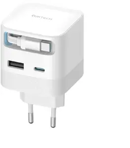 Cuktech AD653W Wall Charger 67W GaN 2x USB-C and USB-A with 70cm Retractable USB-C Cable White