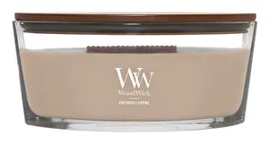 WoodWick Patchouli Creme aromātiskā vaska svece stikla traukā ar pačuli aromātu un koka degli