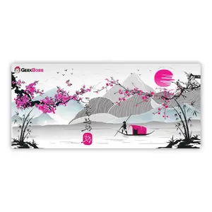 Geekboss Sakura Drift Ink-Wash Cherry Blossom XL Mouse Pad 900x400x4mm Stitched Edges Fabric