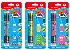 Keyroad School Stationery Set KR973271 including 4 pencils, eraser, and sharpener in assorted colors