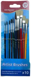 Keyroad KR990113 Paintbrushes with Round Tips 1, 2, 3, 4, 6, 10 and Flat Tips 6, 8, 10, 12, 10 Pieces, Mixed Colors
