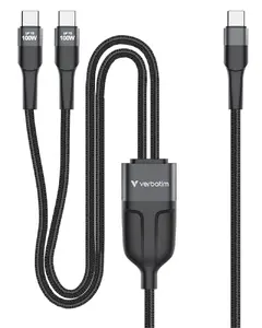 VERBATIM Sync and Charge USB-C to Dual USB-C Cable 100W 1.5m Grey 30279