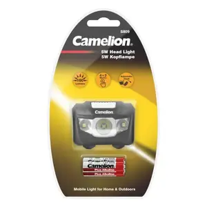 Camelion Светодиодный налобный фонарь 5W 160лм Черный пластик 4 режима работы 3 батарейки AAA
