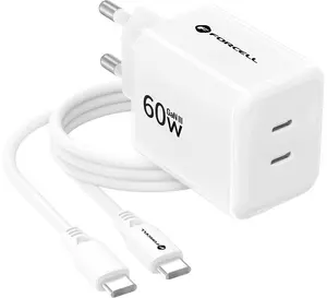 FORCELL F-Energy GaN III VT-60 wall charger 60W Power Delivery Quick Charge 4.0+ dual USB-C white with USB-C cable