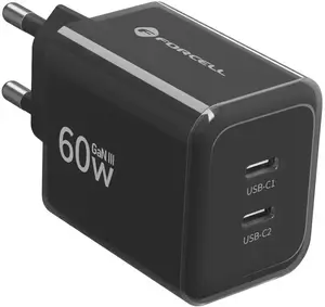 Forcell F-Energy GaN III VT-60 Wall Charger 60W Power Delivery Quick Charge 4.0+ with Dual USB-C Ports and USB-C Cable Black