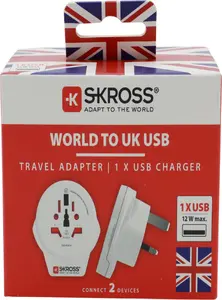 Дорожный адаптер SKROSS World to UK USB Type G 7A с портом USB 2.4А