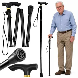 Lean Folding Adjustable Telescopic Aluminum Walking Cane for Seniors Black 85-95cm