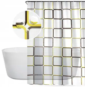 Vilde Shower Curtain with Hooks and Squares Pattern