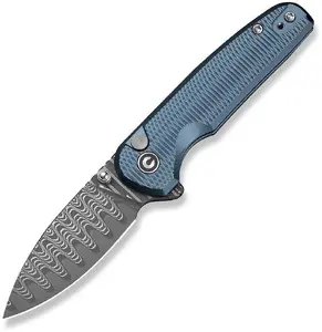 CIVIVI Mini Shakan Folding Knife C20052F-DS1 with 63mm Damascus Steel Blade and Blue Aluminum Handle for Everyday Carry