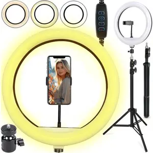 Retoo ER996 LED selfīju riņķa gaisma ar statīvu un tālruņa turētāju, 10W, 3200-5600K krāsu temperatūra, 3 apgaismojuma režīmi