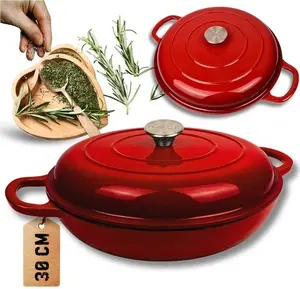 Atusa HAGE flat cast iron casserole pot enameled red 30 cm 3 L