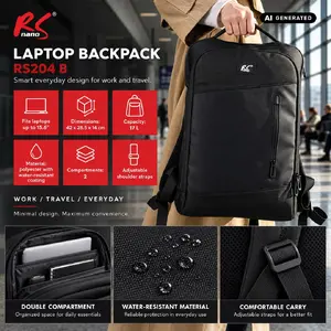 NanoRS RS204 B Laptop Backpack, 15.6 Inch, Black, Water-Resistant, 17 Liters Capacity, Adjustable Straps, Exterior and Interior Pockets
