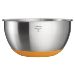 Fiskars 5L Bowl 1084327 28 cm Stainless Steel and Silicone Silver and Orange Dishwasher Safe Non-slip Base