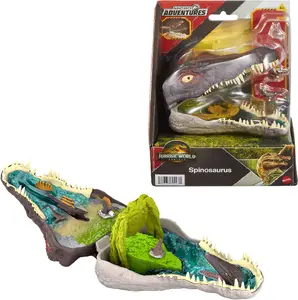 MATTEL Jurassic World Rebirth Игровой набор Микро Приключения Голова Спинозавра с интерактивными функциями и фигурками, коричневый и серый