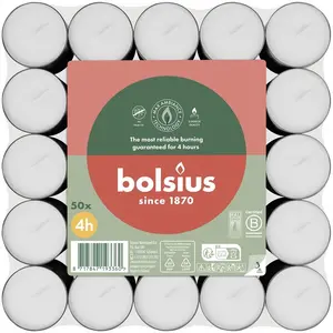 Baltas tējas sveces Bolsius 4 h degšanas laiks 50 gabalu iepakojums