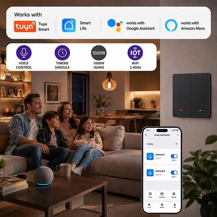 Qoltec Smart 2-Gang Light Switch Wi-Fi Black Photo 6