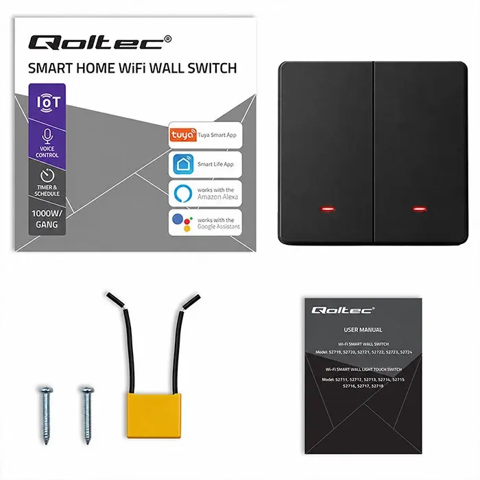 Qoltec Smart 2-Gang Light Switch Wi-Fi Black Photo 11