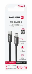 Swissten Textile USB-C to USB-C Data Cable Black, 3A, 480 Mb/s