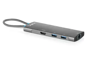 DIGITUS DA-70921 8-portu universālā USB-C dokstacija ar HDMI, USB 3.2, RJ45 Ethernet un Power Delivery klēpjdatoriem, planšetdatoriem un viedtālruņiem