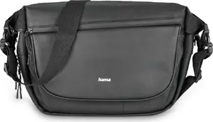 Hama 00121355 shoulder camera case in black with universal brand compatibility, polyurethane and fleece construction, and included shoulder strap