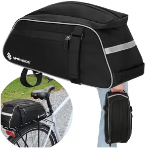Springos BA0092 bike bag made of PU in black with main compartment, multiple pockets, Velcro fastening, and reflective elements